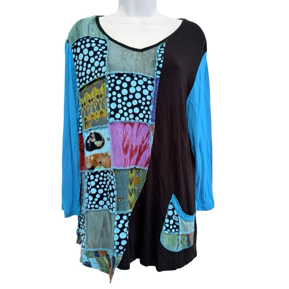Parsley & Sage‎ Womens Tunic Top L Patchwork Boho Artwear Assymetrical Pocket